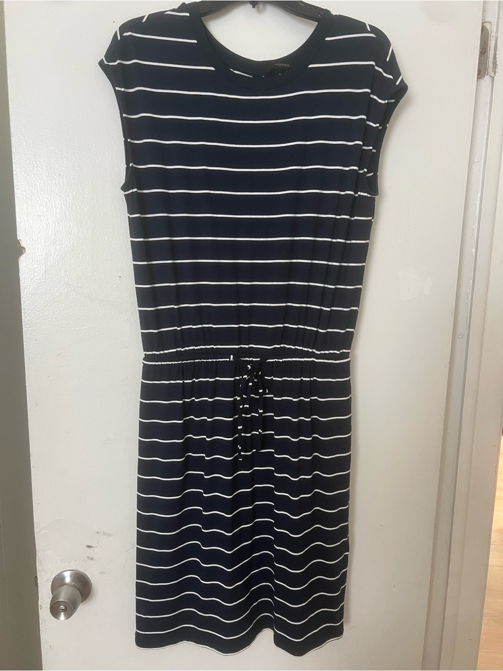 Banana Republic Navy and White Striped Drawstring Midi Dress